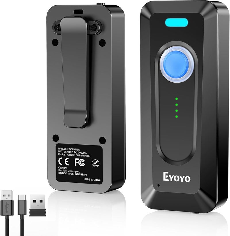 EYOYO ماسح الباركود بلوتوث 2D: ماسح QR محمول مع مشبك، بطارية 2000 مللي أمبير مع مؤشر مستوى، قارئ باركود صغير لجرد كتب المكتبة متوافق مع آيفون، آيباد، هاتف أندرويد - Image 1